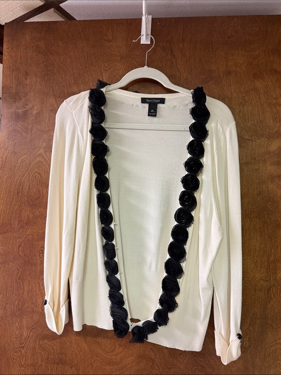 White House Black Market Sweaters - White House Black Market Ivory Cardigan with Black Rosette Trim